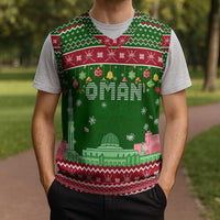 Oman Christmas Knitted V-Neck Vest with Green-Red Pattern, Mosque and Fort Landmarks, and Festive Ornament Motif - Wonder Print Shop