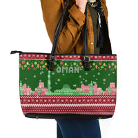 Oman Christmas Leather Tote Bag with Green-Red Pattern, Mosque and Fort Landmarks, and Festive Ornament Motif - Wonder Print Shop