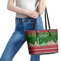 Oman Christmas Leather Tote Bag with Green-Red Pattern, Mosque and Fort Landmarks, and Festive Ornament Motif - Wonder Print Shop