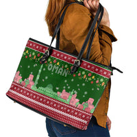Oman Christmas Leather Tote Bag with Green-Red Pattern, Mosque and Fort Landmarks, and Festive Ornament Motif - Wonder Print Shop