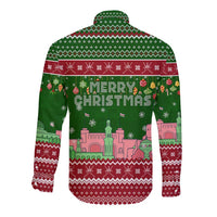 Oman Christmas Long Sleeve Button Shirt with Green-Red Pattern, Mosque and Fort Landmarks, and Festive Ornament Motif - Wonder Print Shop