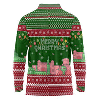 Oman Christmas Long Sleeve Polo Shirt with Green-Red Pattern, Mosque and Fort Landmarks, and Festive Ornament Motif - Wonder Print Shop