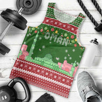 Oman Christmas Men Tank Top with Green-Red Pattern, Mosque and Fort Landmarks, and Festive Ornament Motif - Wonder Print Shop