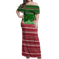 Oman Christmas Off Shoulder Maxi Dress with Green-Red Pattern, Mosque and Fort Landmarks, and Festive Ornament Motif - Wonder Print Shop