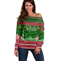Oman Christmas Off Shoulder Sweater with Green-Red Pattern, Mosque and Fort Landmarks, and Festive Ornament Motif - Wonder Print Shop
