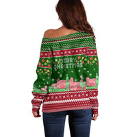 Oman Christmas Off Shoulder Sweater with Green-Red Pattern, Mosque and Fort Landmarks, and Festive Ornament Motif - Wonder Print Shop