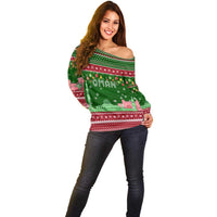 Oman Christmas Off Shoulder Sweater with Green-Red Pattern, Mosque and Fort Landmarks, and Festive Ornament Motif - Wonder Print Shop