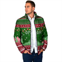 Oman Christmas Padded Jacket with Green-Red Pattern, Mosque and Fort Landmarks, and Festive Ornament Motif - Wonder Print Shop