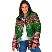 Oman Christmas Padded Jacket with Green-Red Pattern, Mosque and Fort Landmarks, and Festive Ornament Motif - Wonder Print Shop