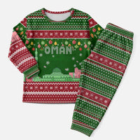 Oman Christmas Pajama Set with Green-Red Pattern, Mosque and Fort Landmarks, and Festive Ornament Motif - Wonder Print Shop