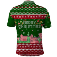 Oman Christmas Polo Shirt with Green-Red Pattern, Mosque and Fort Landmarks, and Festive Ornament Motif - Wonder Print Shop