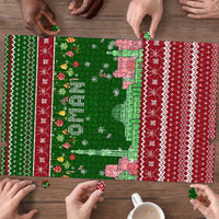 Oman Christmas Puzzle with Green-Red Pattern, Mosque and Fort Landmarks, and Festive Ornament Motif - Wonder Print Shop