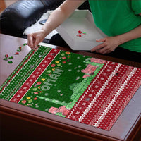 Oman Christmas Puzzle with Green-Red Pattern, Mosque and Fort Landmarks, and Festive Ornament Motif - Wonder Print Shop