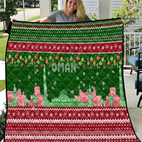Oman Christmas Quilt with Green-Red Pattern, Mosque and Fort Landmarks, and Festive Ornament Motif - Wonder Print Shop