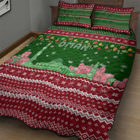 Oman Christmas Quilt Bed Set with Green-Red Pattern, Mosque and Fort Landmarks, and Festive Ornament Motif - Wonder Print Shop