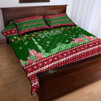 Oman Christmas Quilt Bed Set with Green-Red Pattern, Mosque and Fort Landmarks, and Festive Ornament Motif - Wonder Print Shop