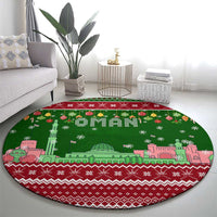 Oman Christmas Round Carpet with Green-Red Pattern, Mosque and Fort Landmarks, and Festive Ornament Motif - Wonder Print Shop