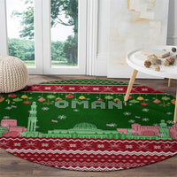 Oman Christmas Round Carpet with Green-Red Pattern, Mosque and Fort Landmarks, and Festive Ornament Motif - Wonder Print Shop