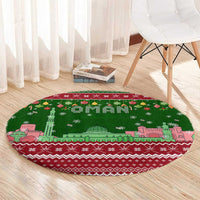 Oman Christmas Round Carpet with Green-Red Pattern, Mosque and Fort Landmarks, and Festive Ornament Motif - Wonder Print Shop