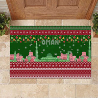 Oman Christmas Rubber Doormat with Green-Red Pattern, Mosque and Fort Landmarks, and Festive Ornament Motif - Wonder Print Shop