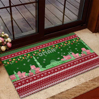 Oman Christmas Rubber Doormat with Green-Red Pattern, Mosque and Fort Landmarks, and Festive Ornament Motif - Wonder Print Shop