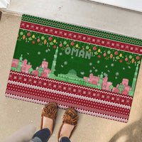 Oman Christmas Rubber Doormat with Green-Red Pattern, Mosque and Fort Landmarks, and Festive Ornament Motif - Wonder Print Shop