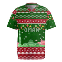 Oman Christmas Rugby Jersey with Green-Red Pattern, Mosque and Fort Landmarks, and Festive Ornament Motif - Wonder Print Shop