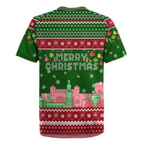 Oman Christmas Rugby Jersey with Green-Red Pattern, Mosque and Fort Landmarks, and Festive Ornament Motif - Wonder Print Shop