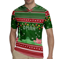 Oman Christmas Rugby Jersey with Green-Red Pattern, Mosque and Fort Landmarks, and Festive Ornament Motif - Wonder Print Shop