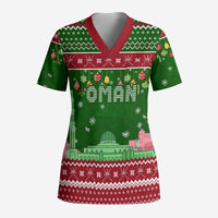 Oman Christmas Scrub Top with Green-Red Pattern, Mosque and Fort Landmarks, and Festive Ornament Motif - Wonder Print Shop
