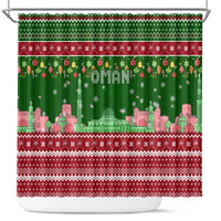Oman Christmas Shower Curtain with Green-Red Pattern, Mosque and Fort Landmarks, and Festive Ornament Motif - Wonder Print Shop
