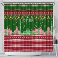 Oman Christmas Shower Curtain with Green-Red Pattern, Mosque and Fort Landmarks, and Festive Ornament Motif - Wonder Print Shop