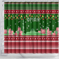 Oman Christmas Shower Curtain with Green-Red Pattern, Mosque and Fort Landmarks, and Festive Ornament Motif - Wonder Print Shop
