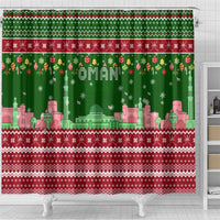 Oman Christmas Shower Curtain with Green-Red Pattern, Mosque and Fort Landmarks, and Festive Ornament Motif - Wonder Print Shop