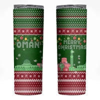 Oman Christmas Skinny Tumbler with Green-Red Pattern, Mosque and Fort Landmarks, and Festive Ornament Motif - Wonder Print Shop