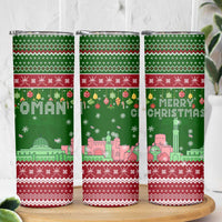 Oman Christmas Skinny Tumbler with Green-Red Pattern, Mosque and Fort Landmarks, and Festive Ornament Motif - Wonder Print Shop