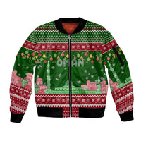 Oman Christmas Sleeve Zip Bomber Jacket with Green-Red Pattern, Mosque and Fort Landmarks, and Festive Ornament Motif - Wonder Print Shop