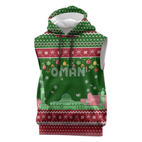 Oman Christmas Sleeveless Hoodie with Green-Red Pattern, Mosque and Fort Landmarks, and Festive Ornament Motif - Wonder Print Shop