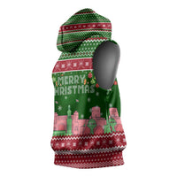 Oman Christmas Sleeveless Hoodie with Green-Red Pattern, Mosque and Fort Landmarks, and Festive Ornament Motif - Wonder Print Shop