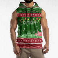 Oman Christmas Sleeveless Hoodie with Green-Red Pattern, Mosque and Fort Landmarks, and Festive Ornament Motif - Wonder Print Shop