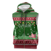 Oman Christmas Sleeveless Zip Hoodie with Green-Red Pattern, Mosque and Fort Landmarks, and Festive Ornament Motif - Wonder Print Shop