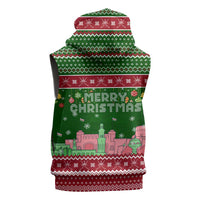 Oman Christmas Sleeveless Zip Hoodie with Green-Red Pattern, Mosque and Fort Landmarks, and Festive Ornament Motif - Wonder Print Shop