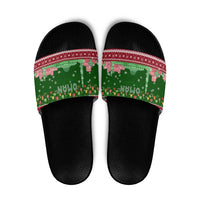 Oman Christmas Slide Sandals with Green-Red Pattern, Mosque and Fort Landmarks, and Festive Ornament Motif - Wonder Print Shop