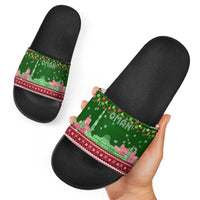 Oman Christmas Slide Sandals with Green-Red Pattern, Mosque and Fort Landmarks, and Festive Ornament Motif - Wonder Print Shop