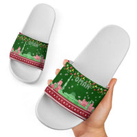 Oman Christmas Slide Sandals with Green-Red Pattern, Mosque and Fort Landmarks, and Festive Ornament Motif - Wonder Print Shop