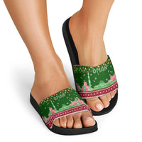 Oman Christmas Slide Sandals with Green-Red Pattern, Mosque and Fort Landmarks, and Festive Ornament Motif - Wonder Print Shop