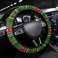Oman Christmas Steering Wheel Cover with Green-Red Pattern, Mosque and Fort Landmarks, and Festive Ornament Motif - Wonder Print Shop