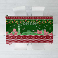 Oman Christmas Tablecloth with Green-Red Pattern, Mosque and Fort Landmarks, and Festive Ornament Motif - Wonder Print Shop