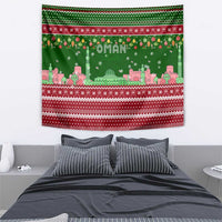 Oman Christmas Tapestry with Green-Red Pattern, Mosque and Fort Landmarks, and Festive Ornament Motif - Wonder Print Shop