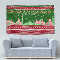 Oman Christmas Tapestry with Green-Red Pattern, Mosque and Fort Landmarks, and Festive Ornament Motif - Wonder Print Shop